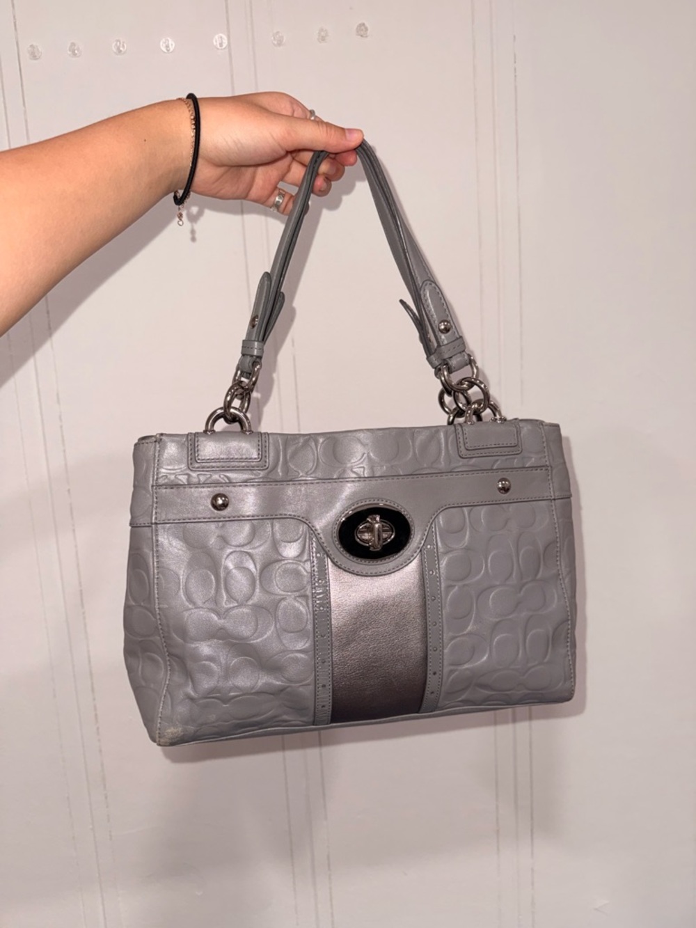 Coach Gray Embossed Leather Shoulder Bag with Silver Accent